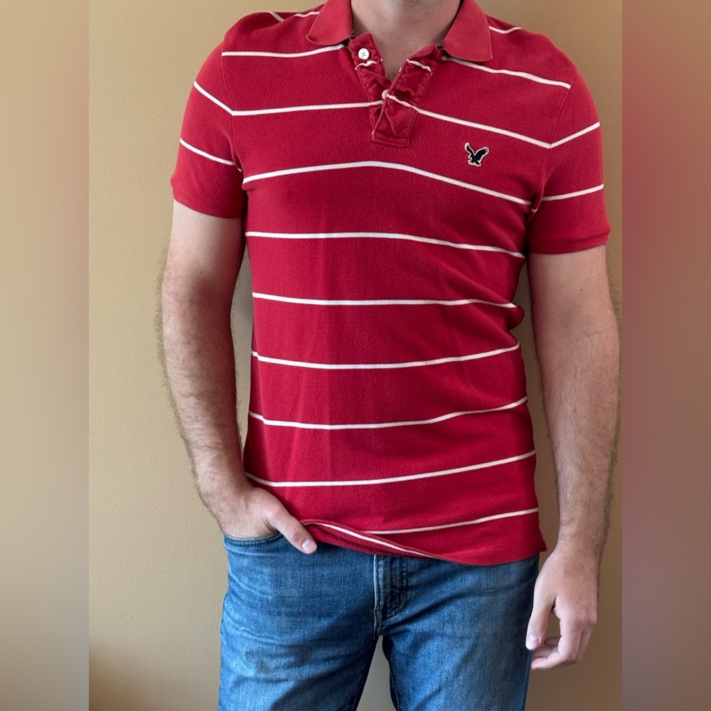 American Eagle Outfitters Red Polo with White Stripes